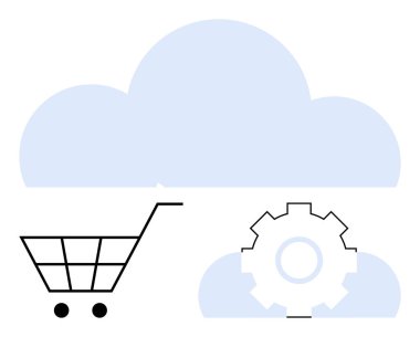 Teknoloji için e-ticaret ve vites simgesini temsil eden alışveriş arabasıyla mavi bulut ana hatları. Bulut hesaplama, çevrimiçi alışveriş, otomasyon, dijital hizmetler, sistem entegrasyonu, veri için ideal