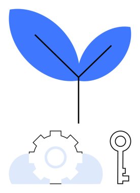 Mavi yaprak dişli ve anahtar sembolü büyüme, yenilik, potansiyel, problem çözme, sürdürülebilirlik, başarı ve ekolojik ilerleme. Yeşil teknoloji ve girişimcilik için ideal.