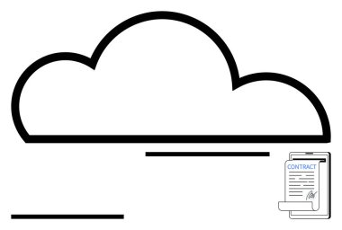 Bağlı sözleşme tabletine sahip bulut güvenli depolama, düzenlenmiş belge paylaşımı ve dijital imzayı vurguluyor. Teknoloji, verimlilik, uzaktan çalışma, iş, hukuki, işbirliği için ideal