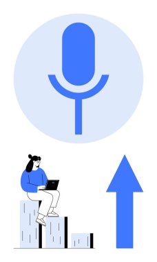 Büyük bir mikrofon ikonu, dizüstü bilgisayarda çalışan bir kadın, yukarı doğru ok. Teknoloji, yenilik, büyüme, ses araçları, dijital öğrenme, kariyer geliştirme için ideal düz bir metafor