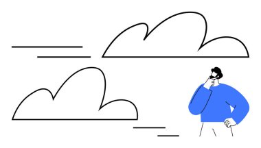 Bulutların altında düşünen, düşünmeyi, fikirleri, hayal gücünü, yaratıcılığı, problem çözmeyi, beyin fırtınasını, karar vermeyi temsil eden bir insanın olduğu minimal tasarım. Kavramsal projeler için ideal