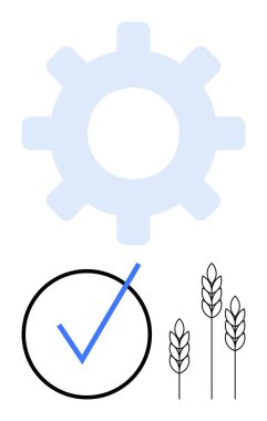 Üretimi simgeleyen dişliler, kalite güvencesi için işaretler ve tarım için buğday kulakları. Kavram için ideal endüstri, sürdürülebilirlik, tarım, verimlilik, onay, kırsal ekonomi