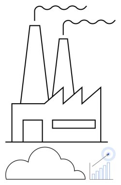 Dalgalar yayan iki bacalı bir fabrika, bir bulut aşağıda ve büyütülmüş bir veri büyüme tablosu. Endüstri, teknoloji, sürdürülebilirlik, veri analizi, yenilik, ilerleme için ideal basit