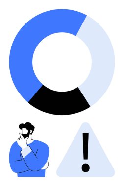 Mavi, siyah bölümleri olan soyut turta tablosu üzerinde kafa yoran adam, ünlem işaretli üçgen alarm. Analiz, problem çözme, strateji, uyarı, öncelik sıralaması için ideal