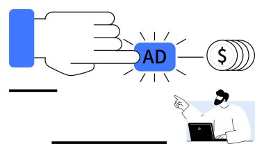 Parlak efektli el tıklatma düğmeleri madeni paralara, dizüstü bilgisayarlı insanlar gözlemlere yol açar. Pazarlama, reklam, gelir, tıklama başına ödeme, dijital strateji, parasal kullanıcı davranışı için ideal. Düz