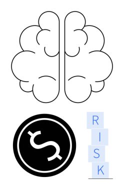 Yukarıda belirtilmiş beyin, dolar işaretleri ve dikey risk engelleri karar vermeyi, finansal riski, stratejiyi ve dengeyi sembolize ediyor. Finans, psikoloji, karar teorisi ve soyut için ideal