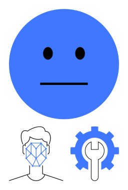 Minimalist mavi tarafsız yüz, yüz tanıma sistemi olan insan kafası, yapay zekayı, otomasyonu ve endüstriyel yeniliği sembolize eden mekanik dişli. Teknoloji, kimlik, mahremiyet, yapay zeka robotları için ideal