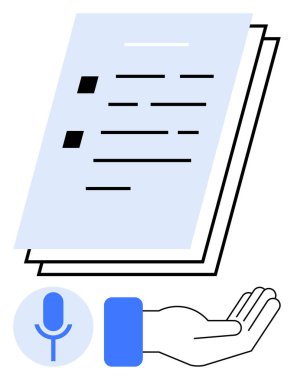 Bir yığın belge, ses giriş simgesi, açık el hareketi. Erişilebilirlik, teknoloji, okuma araçları, iş akışı, üretkenlik otomasyonu dahil olmak için ideal. Düz basit metafor