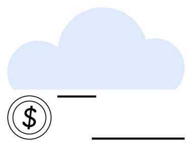 Bir dolar işaretinin üzerindeki mavi bulut ve dijital depolamayı ve para akışını temsil eden yatay çizgiler. Fintech, bulut hesaplama, finansal veriler, yatırım, çevrimiçi bankacılık, teknolojik yenilik için ideal
