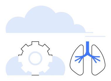 Bulutun altındaki akciğerlerle birlikte teçhizat, teknolojiyi sağlık, hava kalitesi, yenilik, sürdürülebilirlik, tıp, çevre ve bağlantıda görselleştirir. Yenilik ve saglik düzlemi için ideal basit
