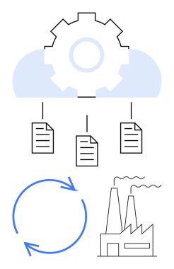 Belgeler, fabrika ve dairesel oklara bağlı bulutlar. Otomasyon için ideal, bulut teknolojisi, veri yönetimi, endüstriyel süreçler, iş akışları, senkronizasyon düz metaforu