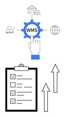 Depoyu, nakliyatı ve küreyi bağlayan WMS etiketli dişliler. El, WMS ile etkileşim halinde. Kontrol işaretleri ve yukarı ok işaretli kontrol listesi verimliliği gösterir. İkmal zinciri, lojistik ve yönetim için ideal