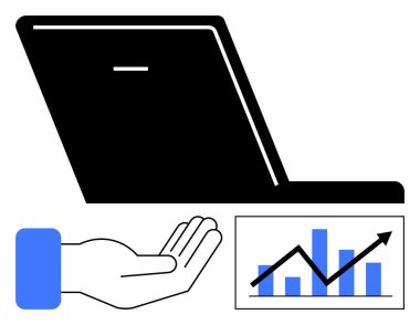 Dizüstü bilgisayar ekranının altında uzanmış el ve yukarı doğru eğilimli grafik. İş, analitik, teknoloji, büyüme, sunum, e-ticaret, yenilik kavramları için idealdir. Düz basit metafor