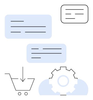 Mesaj kutuları, oklu alışveriş arabası, bulut vurgusu teçhizatı online alışveriş akışı, otomasyon. E-ticaret, pazarlama, otomasyon, perakende iletişim uygulamaları için ideal. Düz