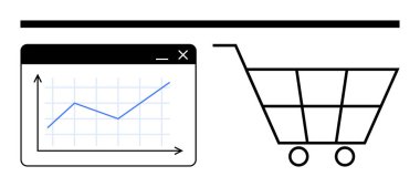 Tarayıcı vitrininde, alışveriş arabasının yanında yükselen grafik. Perakende, satış stratejisi, çevrimiçi alışveriş, iş büyümesi, analitik, pazarlama, e-ticaret planlaması için ideal. Temiz düz basit metafor