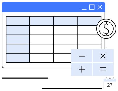 Hesap tablosu arayüzü, dolar işareti, hesap makinesi düğmeleri, takvim tarihi. Bütçe, muhasebe, mali planlama, işletme yönetimi, veri organizasyonu giderlerini takip etmek için idealdir.