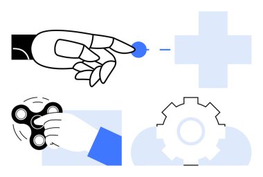 Noktayı gösteren robot el, insan elinde hareketli fırıldak, çark ve sinerji işareti. Teknoloji, yenilik, otomasyon, takım çalışması, sağlık yaratıcılığı problem çözme için idealdir. Düz