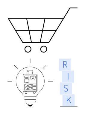 Minimalist alışveriş arabası, seyahat valizli ampul, istiflenmiş RISK blokları. Karar verme, iş stratejisi, seyahat planlaması, yenilik, risk yönetimi, yaratıcı fikirler soyut çizgi