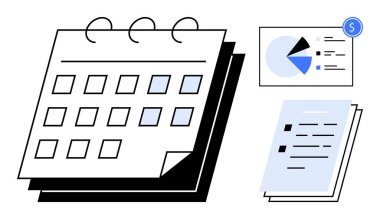 İşaretli tarihli takvim, veri içgörüleri için pasta grafiği ve organizasyonel görevler için kağıt yığını. Planlama, analitik, programlama, zaman yönetimi, finans, rapor dairesi için ideal