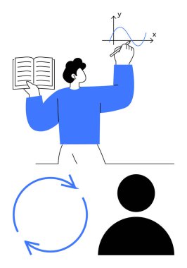 Grafik incelerken kitap okuyan kişi, süreci gösteren mavi dairesel oklar ve kullanıcı profili şekli. Eğitim, analiz, süreç, araştırma, öğrenme, kullanıcı arayüzü için ideal