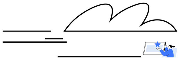 Женщина взаимодействует с устройством, рейтинговой системой под облаком и линиями скорости. Идеально подходит для технологий, онлайн-СМИ, обзоров, фейков, доступа в интернет, облачного хранения и быстрого обмена контентом. Плоская простота