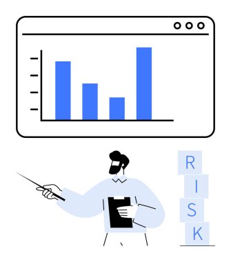İşaretçi çizelgesini açıklayan bir adam, dizini RISK bloklarının yanında tutuyor. Veri analizi, iş stratejisi, risk yönetimi, eğitim, sunumlar, danışmanlık, soyut düz çizgi