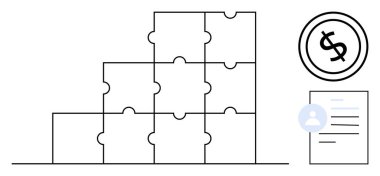 Yığılmış bulmaca blokları dolar para ve belgenin yanında yapılandırılmış büyümeyi sembolize eder. Takım çalışması, strateji, finansal planlama, organizasyon, işbirliği, iş başarısı için ideal, sade
