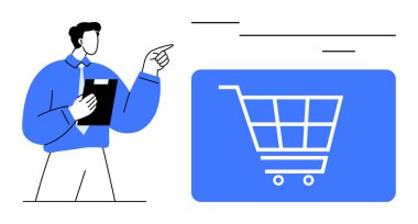 Elinde pano tutan adam dijital alışveriş arabası ikonuna e-ticaret, online alışveriş ve perakende stratejisi tasvir ediyor. İş, pazarlama, teknoloji, finans, planlama yeniliği için ideal