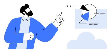 Parçalı pasta grafiğine ve veri görselleştirmelerine bakan adam fikirleri öneriyor. Analiz, takım çalışması, sunum, iş stratejisi, veri paylaşımı, bulut çözümleri, düz basit metafor için ideal