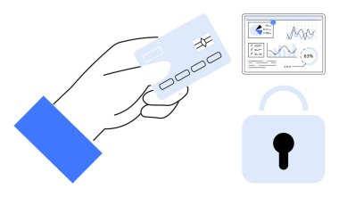Çip yerleştirilmiş bir kredi kartı, analitik gösterge paneli ve güvenlik, fintech ve veri korumasını simgeleyen bir kilit. Bankacılık, e-ticaret, siber güvenlik, işlem mahremiyeti için ideal