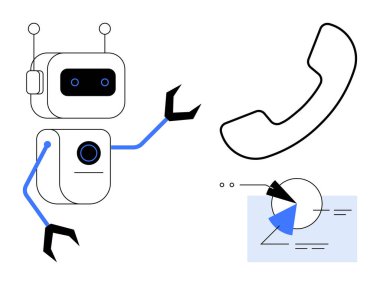 Telefon alıcısına ve pasta grafiği veri görselleştirmesine doğru anten jestleri yapan robot. Yapay zeka, otomasyon, müşteri desteği, iletişim, teknoloji, veri analizi ve yenilik için ideal. Düz basit