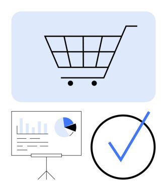Alışveriş arabası sembolü, veri tablosu sunumu ve büyük bir işaret. Perakende, analitik, alışveriş, e-ticaret büyümesi, pazarlama, karar verme başarısı görselleştirmesi için ideal basit bir metafor