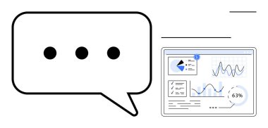 Grafikler, çizelgeler ve metriklerin yer aldığı dijital analitik panelin yanında üç noktalı sohbet balonu. Takım çalışması, raporlar, iletişim, veri alışverişi, strateji, işbirliği dairesi için ideal