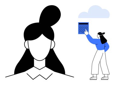 Basitleştirilmiş kadın portresi ve başka bir figür bir bulutun altında hesap makinesi tuşuna basıyor. Finans, bütçe, karar verme, hesaplamalar, teknoloji, kişisel analizler, eğitim için ideal