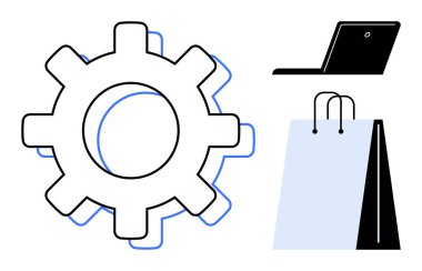 Operasyonlar için teçhizat, teknoloji için laptop ve ticaret için alışveriş çantası. İş, teknoloji, e-ticaret, perakende satış, verimlilik, iş akışı yeniliği için ideal. Düz basit metafor