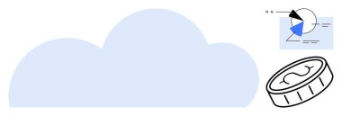 Pasta grafiği analizi ve madeni para ikonu yakınlarındaki mavi bulut, teknolojiyi, finansal büyümeyi ve veri yönetimini temsil ediyor. Teknoloji, finans, bulut depolama, analiz, kripto para birimi çevrimiçi iş için ideal