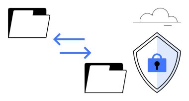 Oklar, klasörler ve güvenli bulut deposu arasında kalkan kilidi olan veri transferini gösteriyor. Siber güvenlik, bulut depolama, veri koruması, dosya yönetimi, güvenli transfer, dijital