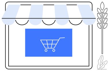 Mağaza vitrininde, tentede ve organik buğday tezgahında mavi alışveriş arabası olan bir dükkan. Ekomünikasyon, perakende, tarım, organik gıda, alışveriş sürdürülebilirlik teknolojisi için ideal. Düz basit