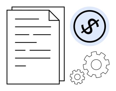 Birikmiş kağıtlar, dolar para birimi işareti ve finans, verimlilik ve iş akışını sembolize eden mekanik vitesler. İş stratejisi, finans yönetimi, otomasyon, süreç optimizasyon ekonomisi için ideal