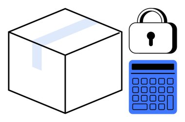 Mühürlü kutu, kilit sembolü ve hesap makinesi güvenlik, sevkiyat, bütçe ve hesaplama konularını çağrıştırıyor. Lojistik, güvenlik, e-ticaret veri denetimi için ideal düz metafor