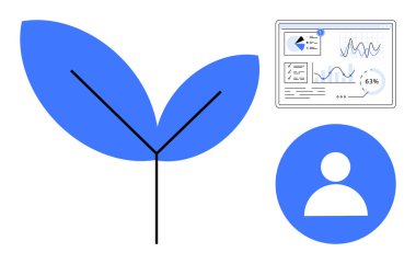 Büyümeyi sembolize eden mavi yaprak, veri içgörüleri için kullanıcı profili simgesi ve analitik gösterge paneli. Sürdürülebilirlik, iş büyümesi, veri analizi, çevre dostu kavramlar, kullanıcı bağlılığı, modern