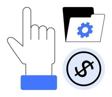 Eller yukarı, dişliler işlevsellik için klasörde, dolar işaretleri finansmanı simgeliyor. Teknoloji, finans, karar verme, üretkenlik, yönetim, işlemler için ideal