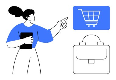 Elinde tablet tutan kadın, alışveriş arabasının grafiğini gösteriyor, online alışveriş ya da e-ticareti simgeliyor, evrak çantasının yanında. İş, teknoloji, perakende, dijital pazarlama, girişimcilik için ideal