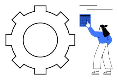 Kadın büyük vitesin yanında hesap makinesine basıyor. İş akışı, verimlilik, analiz, planlama, teknoloji, otomasyon, strateji için ideal. Düz basit metafor