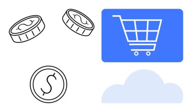 Yığılmış madeni paraların yanında dijital alışveriş arabası ikonu ve online alışveriş, finans ve bulut tabanlı hizmetleri sembolize eden bulut. E-ticaret, ödeme, fintech, bulut uygulamaları, dijital ticaret, piyasa dairesi için ideal