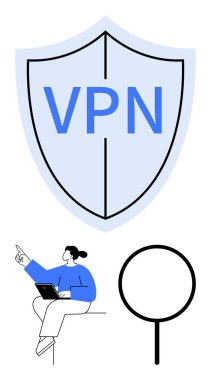 Kalkan etiketli VPN, büyüteç, dizüstü bilgisayarı olan bir kadın. Siber güvenlik, çevrimiçi gizlilik, veri koruması, internet güvenliği, VPN hizmetleri, dijital teknoloji düz metaforu için ideal