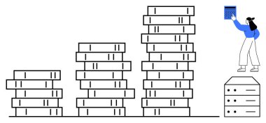 Veri örgütü ve büyümeyi gösteren sunucuları düzenleyen kadın. Veri yönetimi, depolama, teknoloji, bilişim, bulut hesaplama, dijital dönüşüm, analitik için ideal. Düz basit metafor