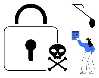 Asma kilit ve kafatası-çapraz kemikler riskleri vurgular, olta iğnesi hileleri gösterir, hesap makinesi kullanan kişi problem çözmeyi çağrıştırır. Siber güvenlik, dolandırıcılık önleme, risk yönetimi için ideal