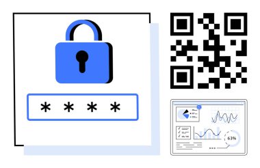 Şifre alanı, QR kodu ve analitik torpido gözüne kilitlenin. Siber güvenlik, gizlilik, kimlik doğrulama, veri koruması, şifreleme teknolojisi erişim kontrolü için ideal. Düz basit metafor