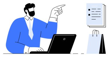 Çalışma masasında oturan iş elbiseli bir adam görev listesine doğru el kol hareketi yapıyor. Yanında bir laptop ve alışveriş çantası var. Çalışma verimliliği, proje planlaması, e-ticaret, karar verme, dijital için ideal